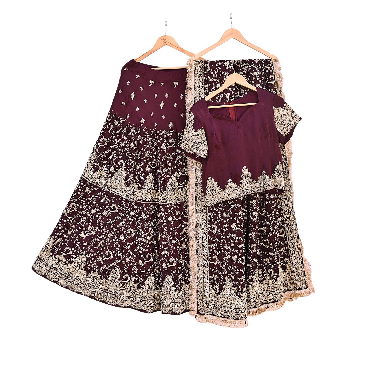 Indian Heavy Wedding Purple Pure Satin Silk Hand Embroidered Lehenga Set of 3pcs Bollywood style wedding wear