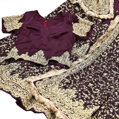 Indian Heavy Wedding Purple Pure Satin Silk Hand Embroidered Lehenga Set of 3pcs Bollywood style wedding wear