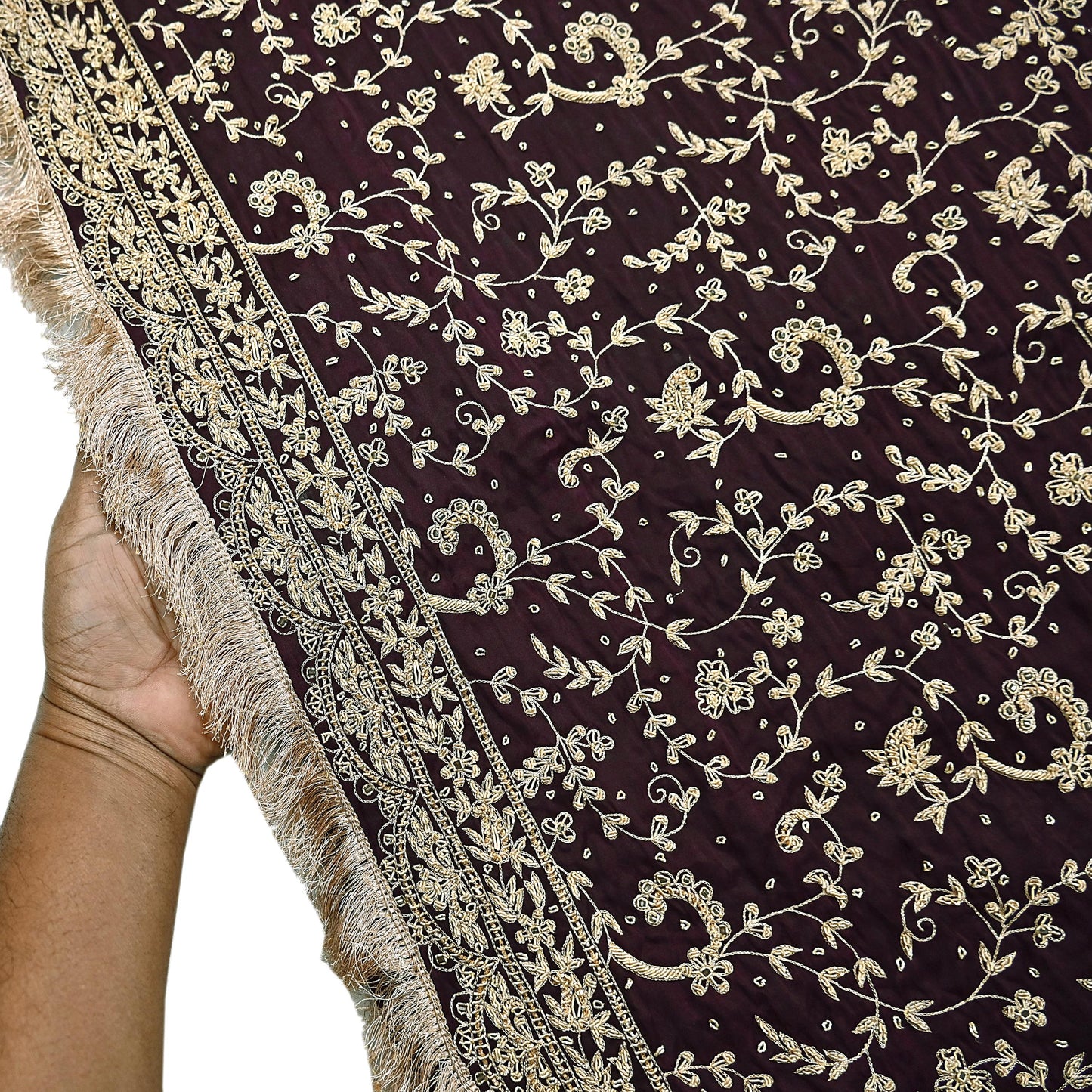 Indian Vintage Heavy Wedding Purple Dupatta Pure Satin Silk Long Stole Hand Embroidered Scarves Golden Zardozi Bridal Veil