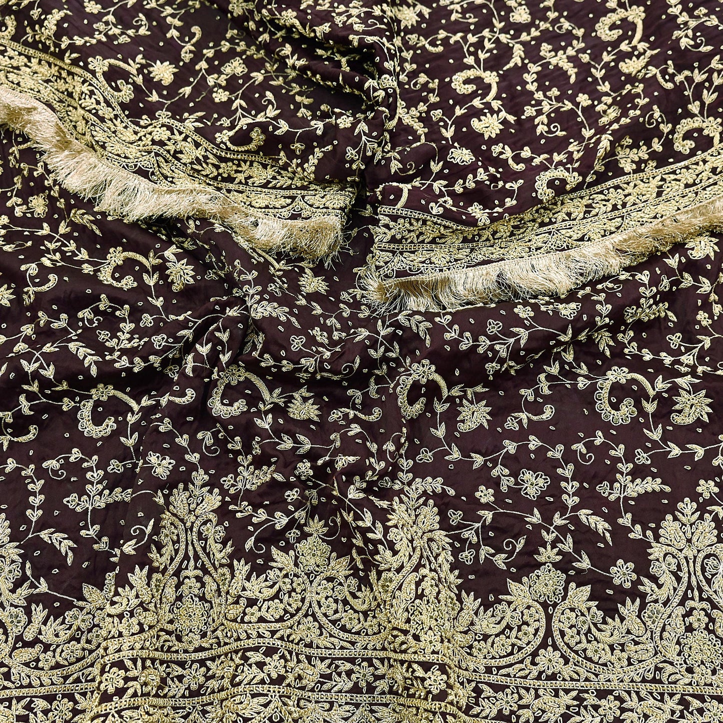 Indian Vintage Heavy Wedding Purple Dupatta Pure Satin Silk Long Stole Hand Embroidered Scarves Golden Zardozi Bridal Veil