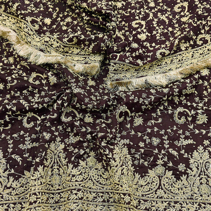 Indian Vintage Heavy Wedding Purple Dupatta Pure Satin Silk Long Stole Hand Embroidered Scarves Golden Zardozi Bridal Veil