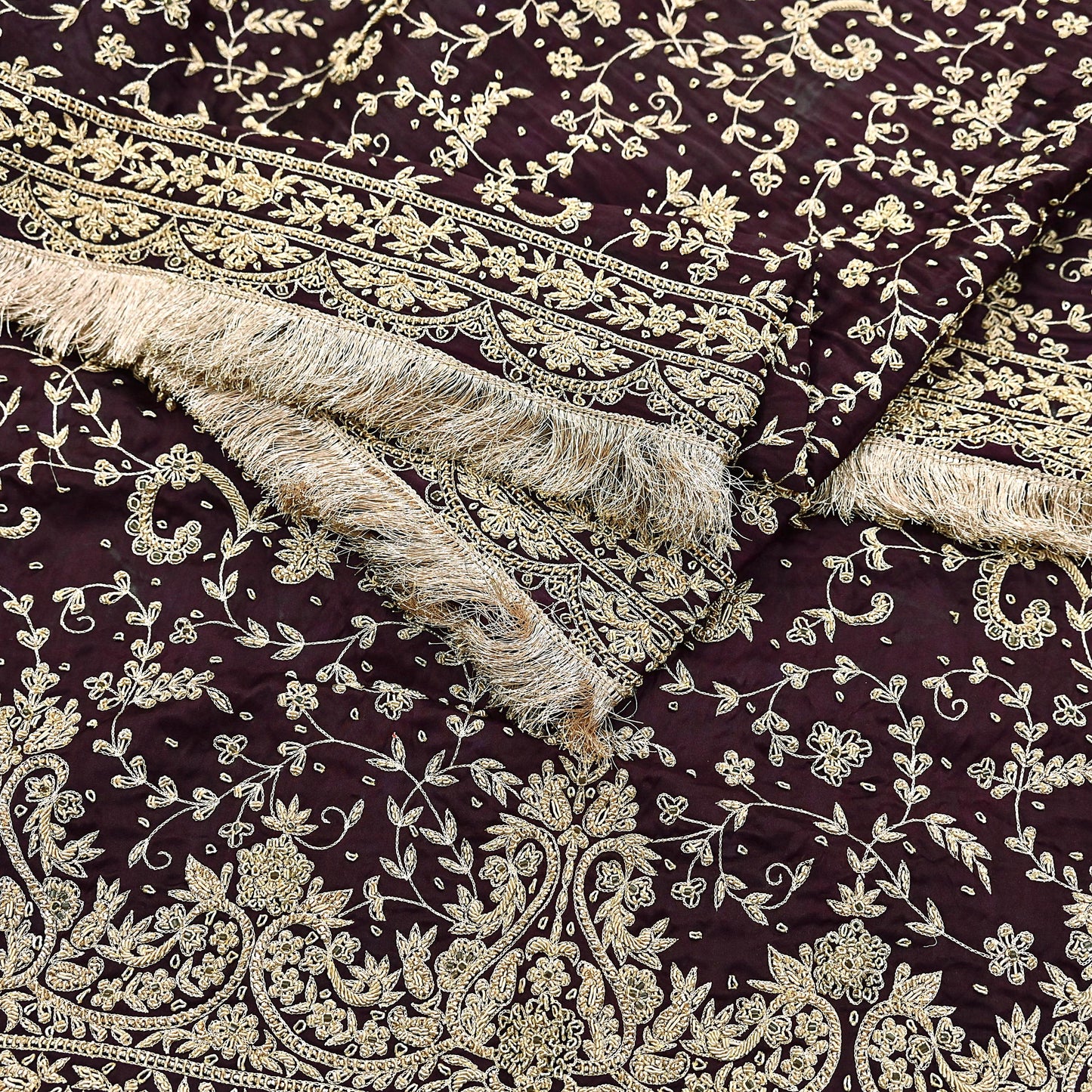 Indian Vintage Heavy Wedding Purple Dupatta Pure Satin Silk Long Stole Hand Embroidered Scarves Golden Zardozi Bridal Veil