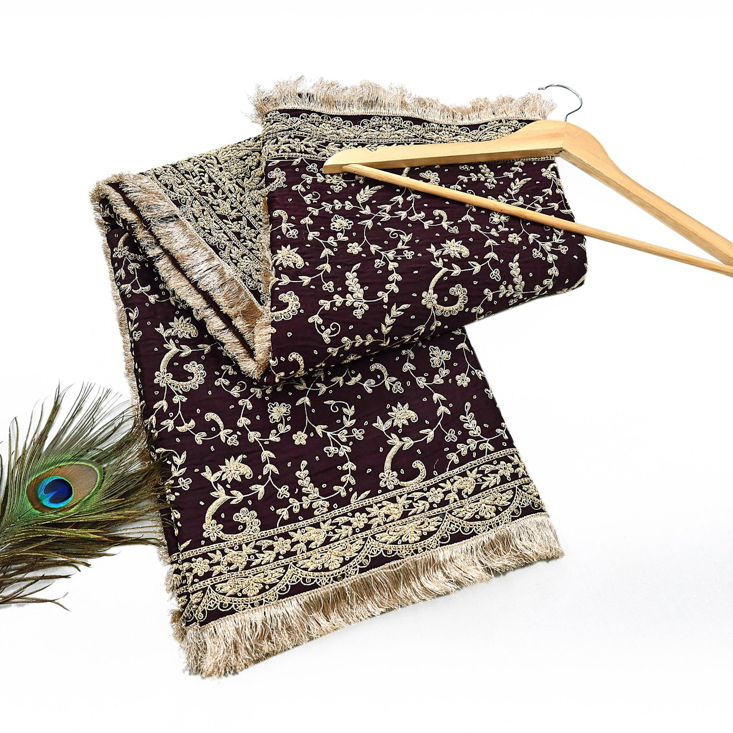 Indian Vintage Heavy Wedding Purple Dupatta Pure Satin Silk Long Stole Hand Embroidered Scarves Golden Zardozi Bridal Veil