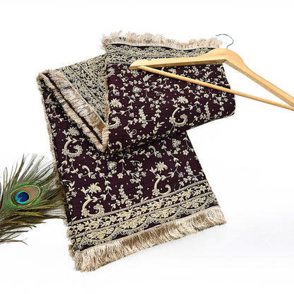 Indian Vintage Heavy Wedding Purple Dupatta Pure Satin Silk Long Stole Hand Embroidered Scarves Golden Zardozi Bridal Veil