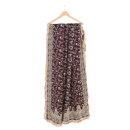 Indian Vintage Heavy Wedding Purple Dupatta Pure Satin Silk Long Stole Hand Embroidered Scarves Golden Zardozi Bridal Veil