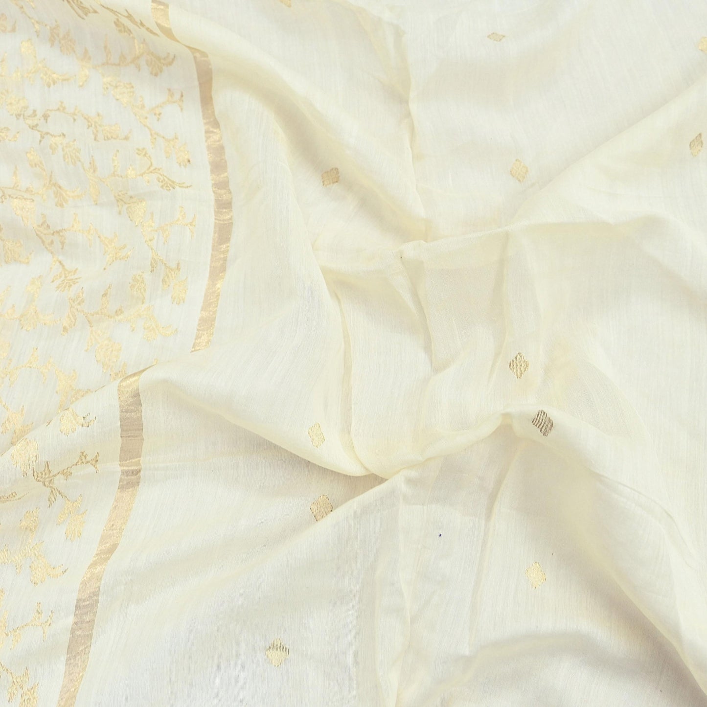 Indian Vintage Ivory Dupatta Long Stole Pure Silk Hand Woven Scarves Veil Scarf Wrap Floral Zari Fringes