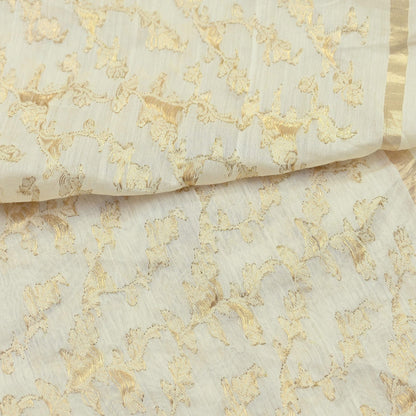 Indian Vintage Ivory Dupatta Long Stole Pure Silk Hand Woven Scarves Veil Scarf Wrap Floral Zari Fringes
