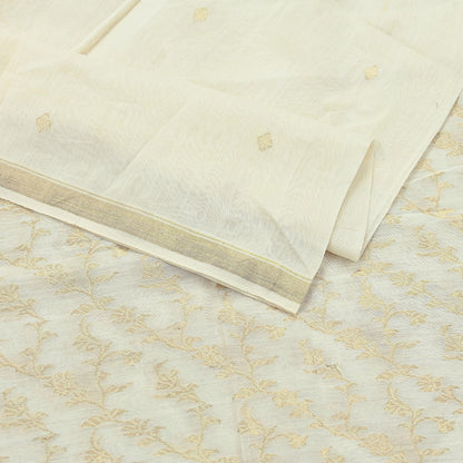 Indian Vintage Ivory Dupatta Long Stole Pure Silk Hand Woven Scarves Veil Scarf Wrap Floral Zari Fringes