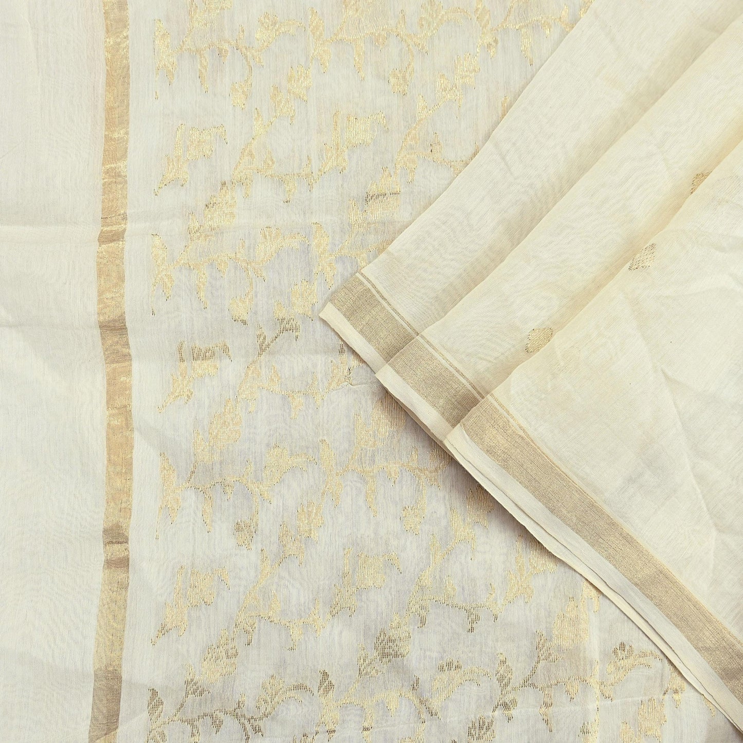 Indian Vintage Ivory Dupatta Long Stole Pure Silk Hand Woven Scarves Veil Scarf Wrap Floral Zari Fringes
