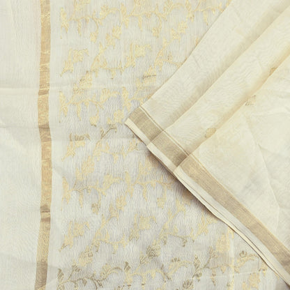 Indian Vintage Ivory Dupatta Long Stole Pure Silk Hand Woven Scarves Veil Scarf Wrap Floral Zari Fringes