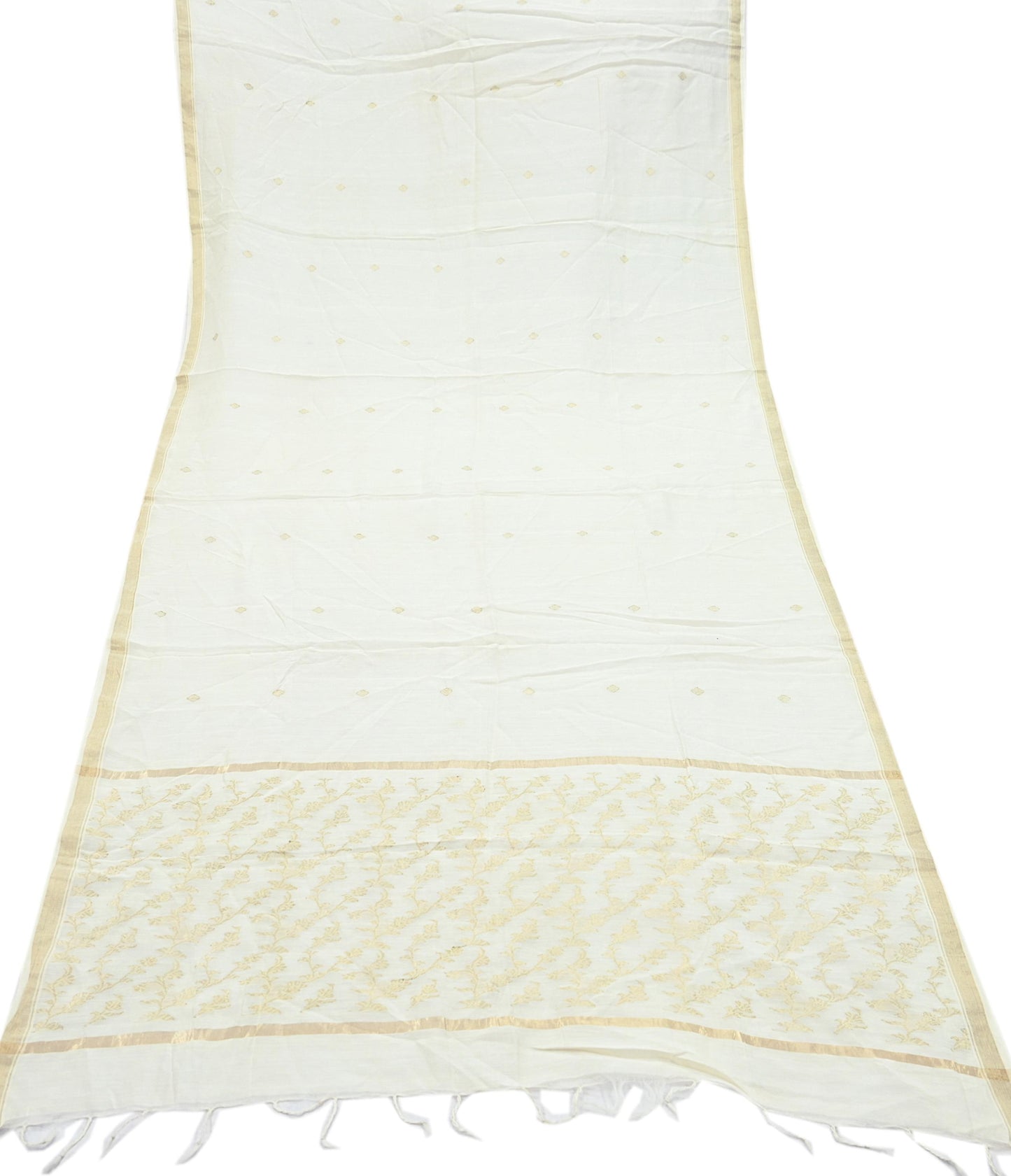 Indian Vintage Ivory Dupatta Long Stole Pure Silk Hand Woven Scarves Veil Scarf Wrap Floral Zari Fringes