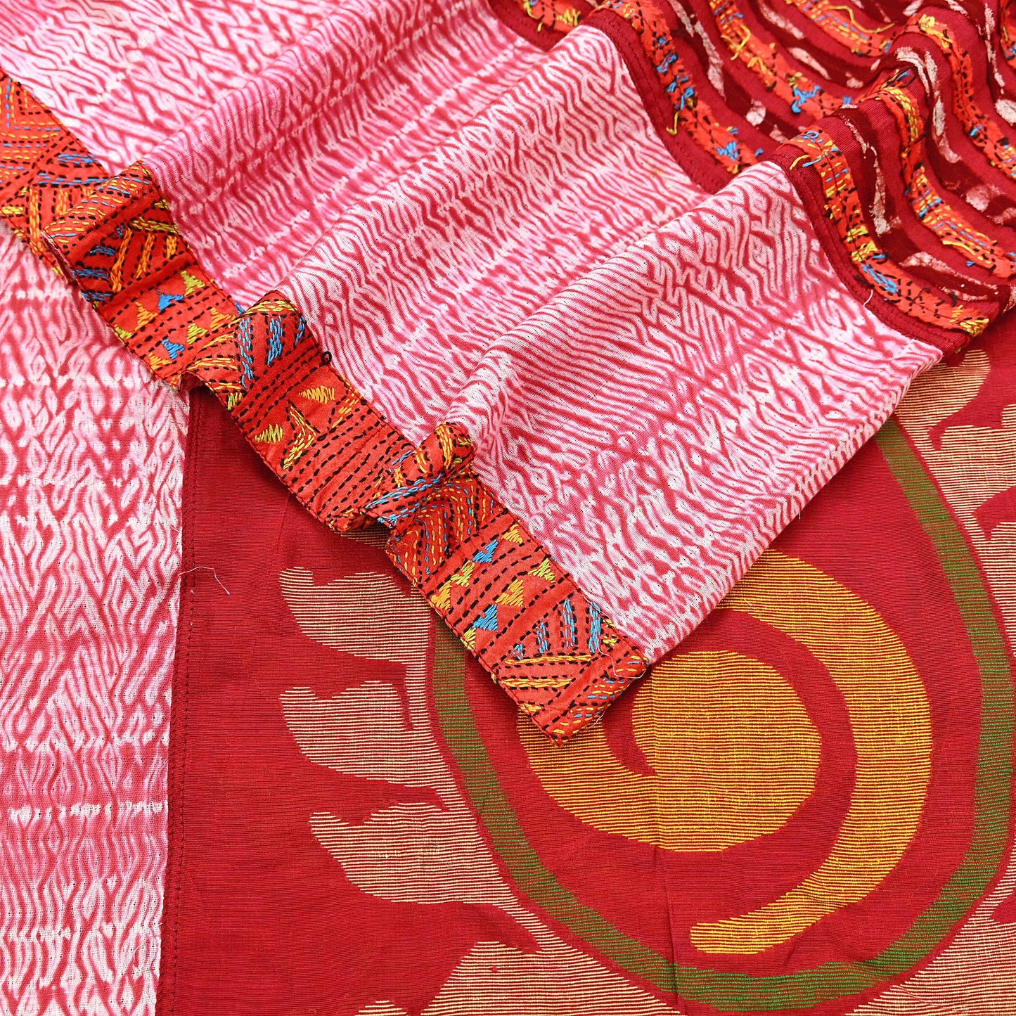 Indian Vintage Dupatta Red Long Stole chanderi Cotton Hand Embroidered Kantha Scarves Veil Scarf Wrap For Women's