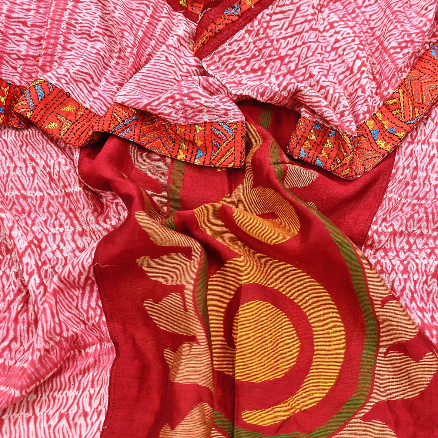 Indian Vintage Dupatta Red Long Stole chanderi Cotton Hand Embroidered Kantha Scarves Veil Scarf Wrap For Women's