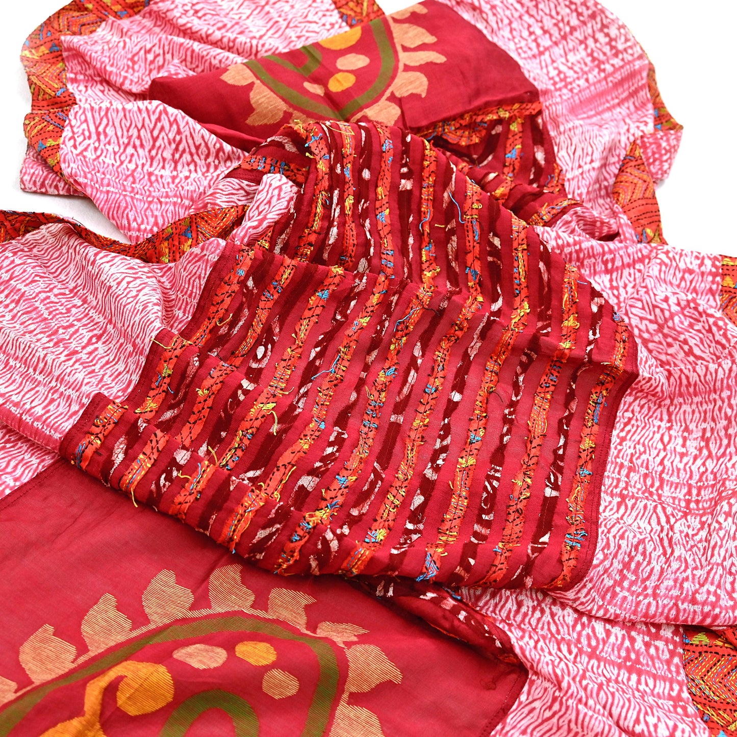 Indian Vintage Dupatta Red Long Stole chanderi Cotton Hand Embroidered Kantha Scarves Veil Scarf Wrap For Women's