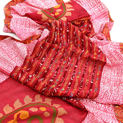 Indian Vintage Dupatta Red Long Stole chanderi Cotton Hand Embroidered Kantha Scarves Veil Scarf Wrap For Women's