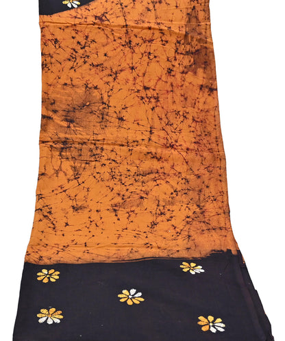 Indian Vintage saffron & brown Dupatta Long Stole Pure Cotton Hand Embroidered Kantha Batik Indian Scarves Veil Scarf Wrap