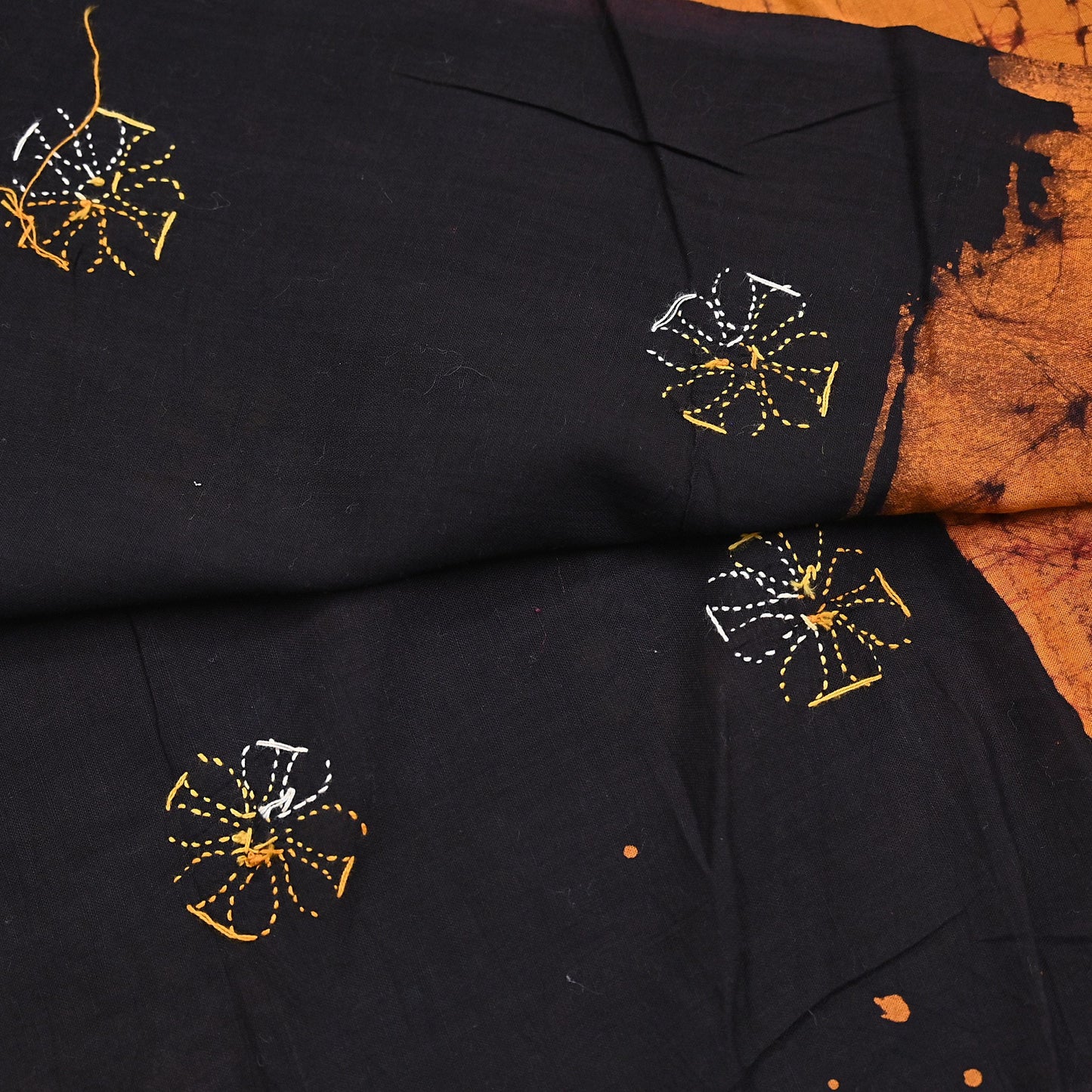 Indian Vintage saffron & brown Dupatta Long Stole Pure Cotton Hand Embroidered Kantha Batik Indian Scarves Veil Scarf Wrap