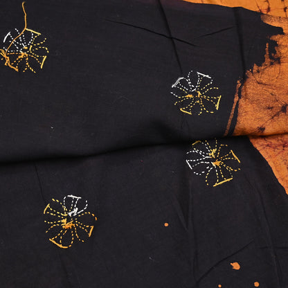 Indian Vintage saffron & brown Dupatta Long Stole Pure Cotton Hand Embroidered Kantha Batik Indian Scarves Veil Scarf Wrap