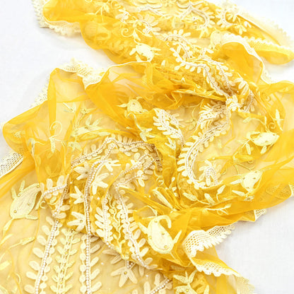 Indian Vintage Yellow Dupatta Long Stole Net Mess Hand Embroidered Scarves Veil Hijab Sequins stole veil hijab