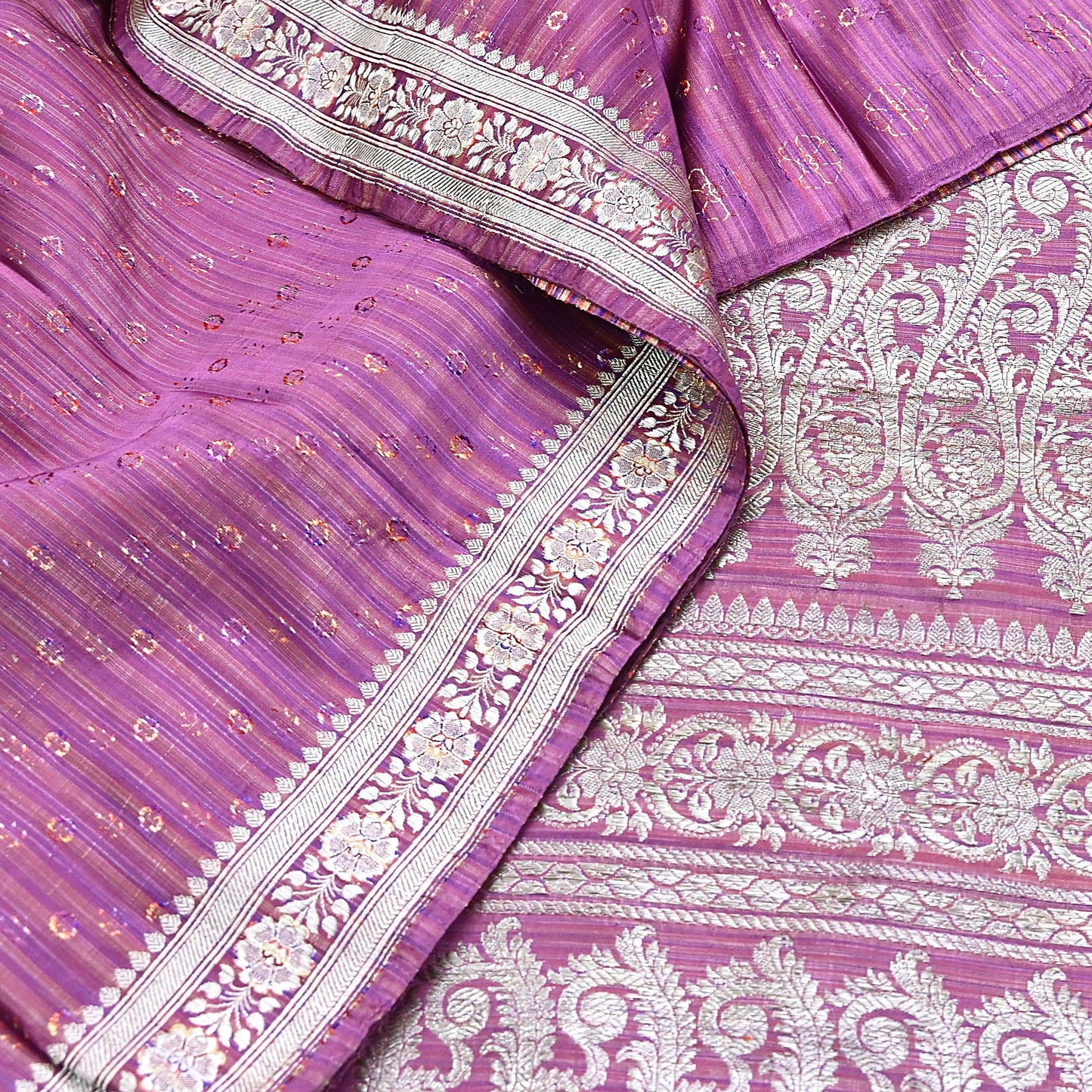 Indian Vintage Purple & Multi Heavy Saree Pure Satin Silk Woven Brocade Banarasi Sari Fabric Zari Ethnic 5Yd Bridal Wedding Banarasi sari