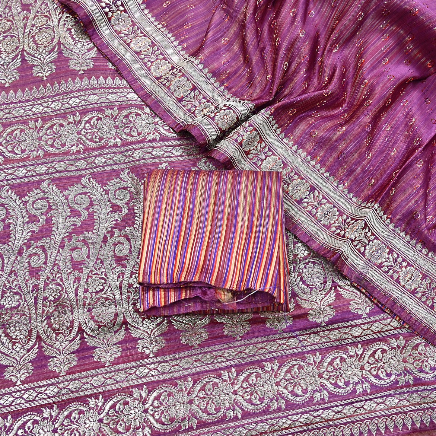 Indian Vintage Purple & Multi Heavy Saree Pure Satin Silk Woven Brocade Banarasi Sari Fabric Zari Ethnic 5Yd Bridal Wedding Banarasi sari