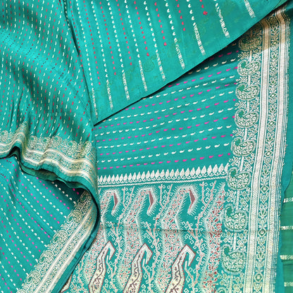 Indian Vintage Sari Green Heavy Pure Satin Silk Woven Banarasi Tanchoi Saree 5Yd Ethnic Craft Fabric Upcycle Bridal Heavy Sarees