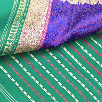 Indian Vintage Sari Green Heavy Pure Satin Silk Woven Banarasi Tanchoi Saree 5Yd Ethnic Craft Fabric Upcycle Bridal Heavy Sarees