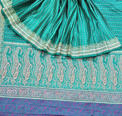 Indian Vintage Sari Green Heavy Pure Satin Silk Woven Banarasi Tanchoi Saree 5Yd Ethnic Craft Fabric Upcycle Bridal Heavy Sarees