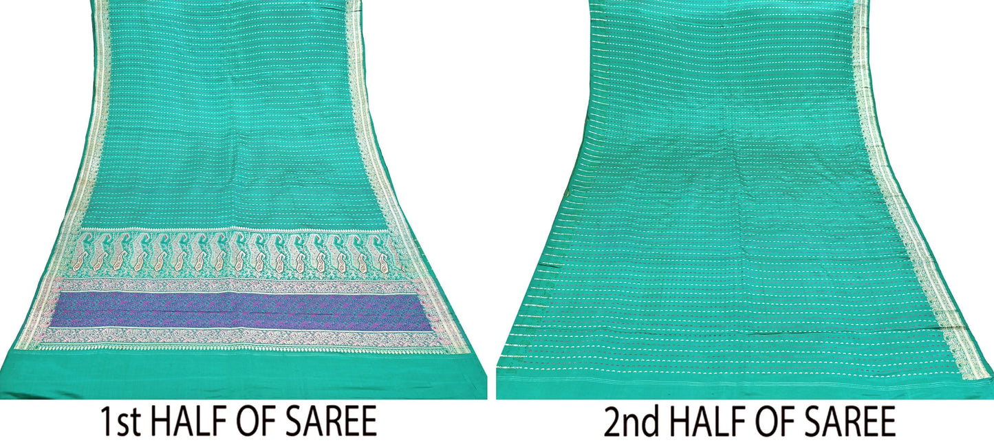 Indian Vintage Sari Green Heavy Pure Satin Silk Woven Banarasi Tanchoi Saree 5Yd Ethnic Craft Fabric Upcycle Bridal Heavy Sarees