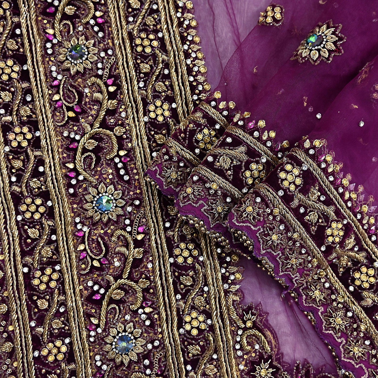 Indian Vintage Heavy Wedding Purple Dupatta Net Mesh Long Stole Hand Embroidered Scarves Golden Zardozi Dabka Zari Veil