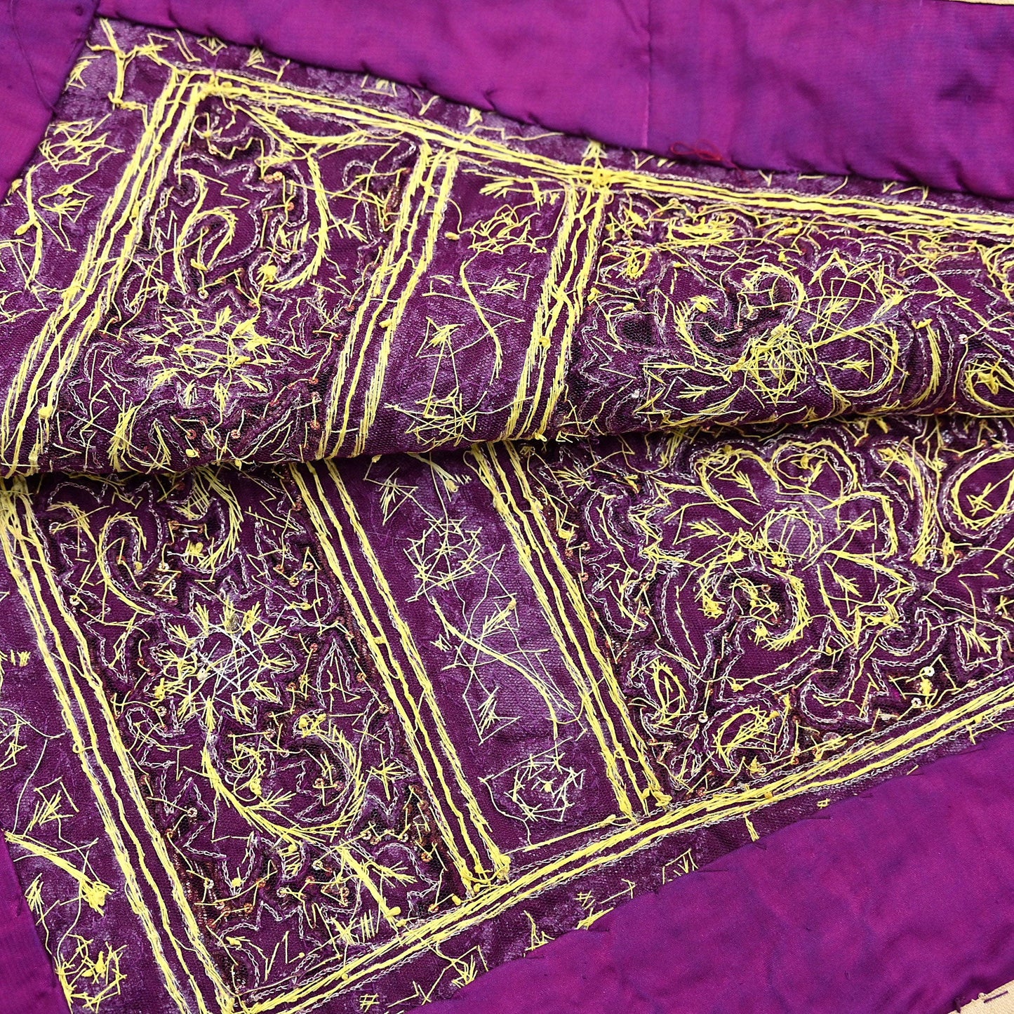 Indian Vintage Heavy Wedding Purple Dupatta Net Mesh Long Stole Hand Embroidered Scarves Golden Zardozi Dabka Zari Veil