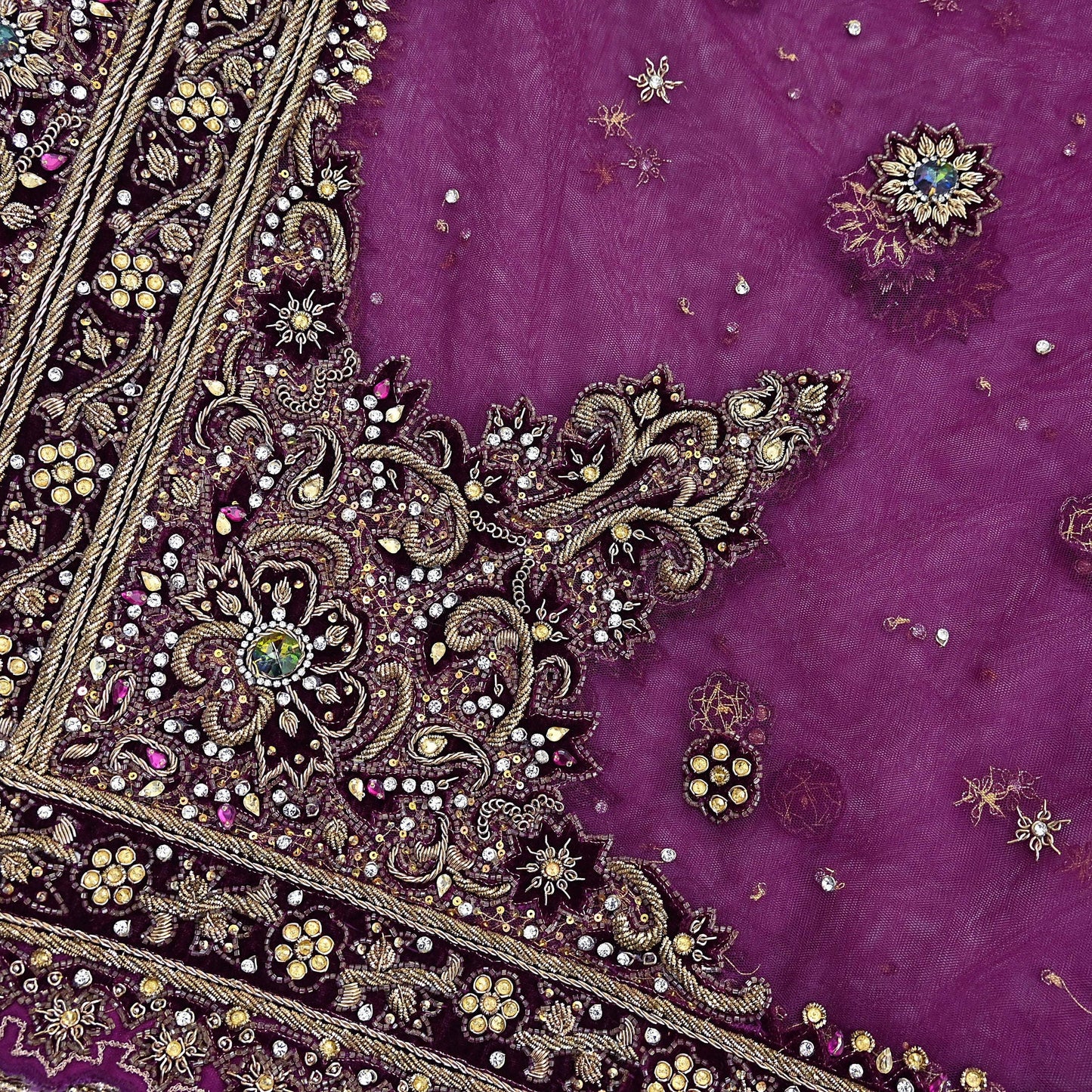 Indian Vintage Heavy Wedding Purple Dupatta Net Mesh Long Stole Hand Embroidered Scarves Golden Zardozi Dabka Zari Veil