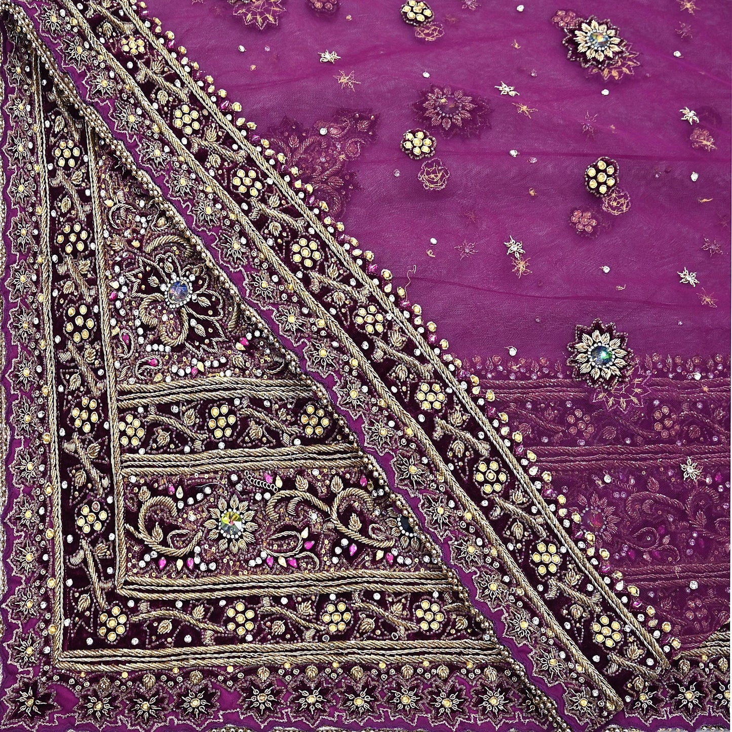Indian Vintage Heavy Wedding Purple Dupatta Net Mesh Long Stole Hand Embroidered Scarves Golden Zardozi Dabka Zari Veil