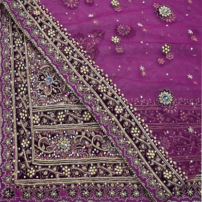 Indian Vintage Heavy Wedding Purple Dupatta Net Mesh Long Stole Hand Embroidered Scarves Golden Zardozi Dabka Zari Veil