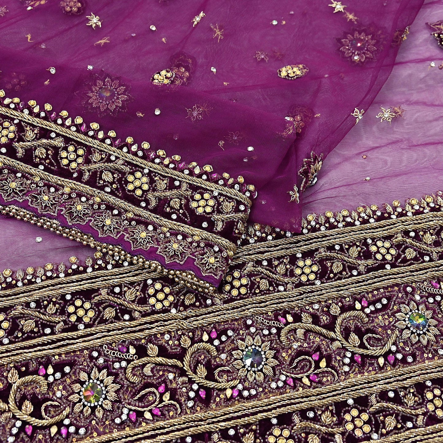 Indian Vintage Heavy Wedding Purple Dupatta Net Mesh Long Stole Hand Embroidered Scarves Golden Zardozi Dabka Zari Veil