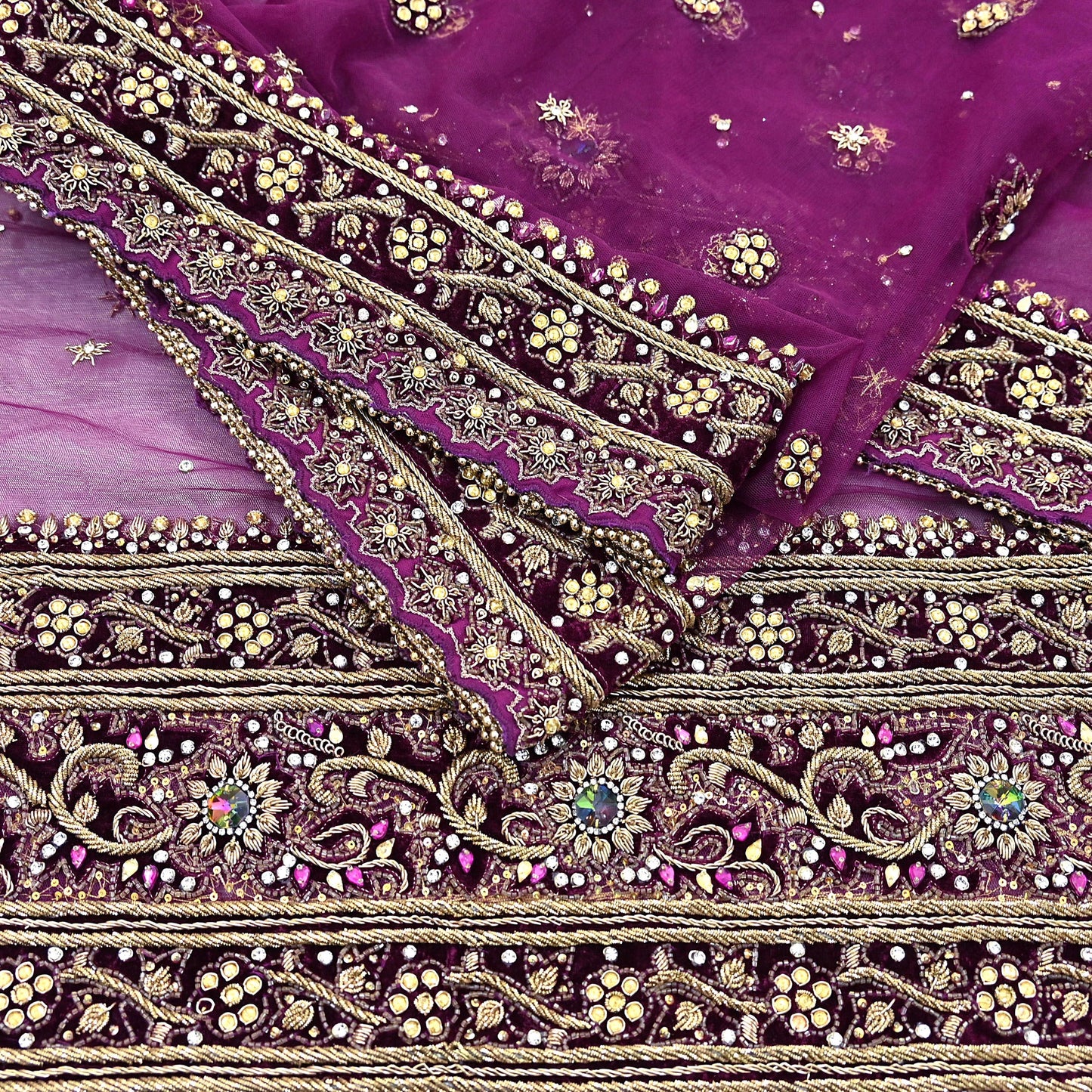 Indian Vintage Heavy Wedding Purple Dupatta Net Mesh Long Stole Hand Embroidered Scarves Golden Zardozi Dabka Zari Veil