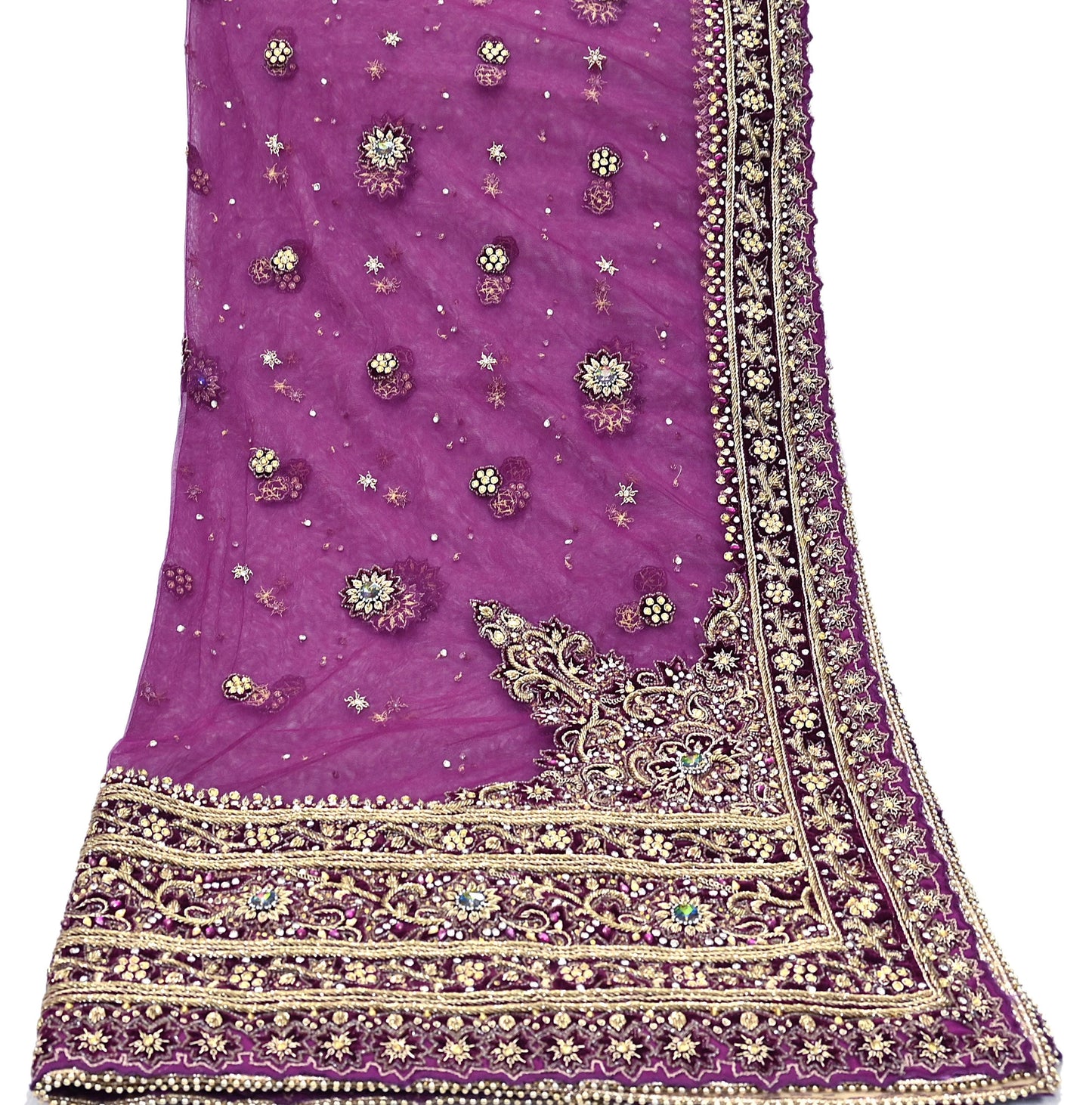 Indian Vintage Heavy Wedding Purple Dupatta Net Mesh Long Stole Hand Embroidered Scarves Golden Zardozi Dabka Zari Veil