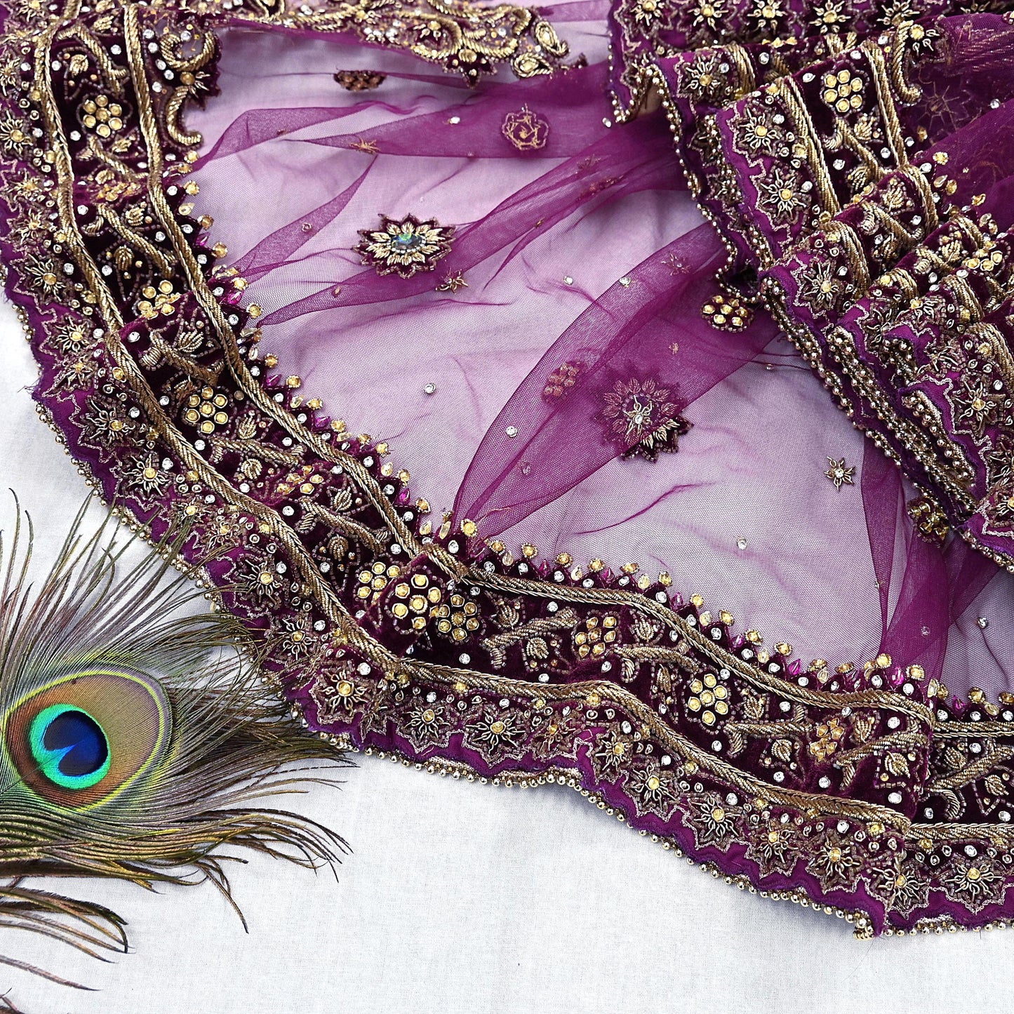 Indian Vintage Heavy Wedding Purple Dupatta Net Mesh Long Stole Hand Embroidered Scarves Golden Zardozi Dabka Zari Veil