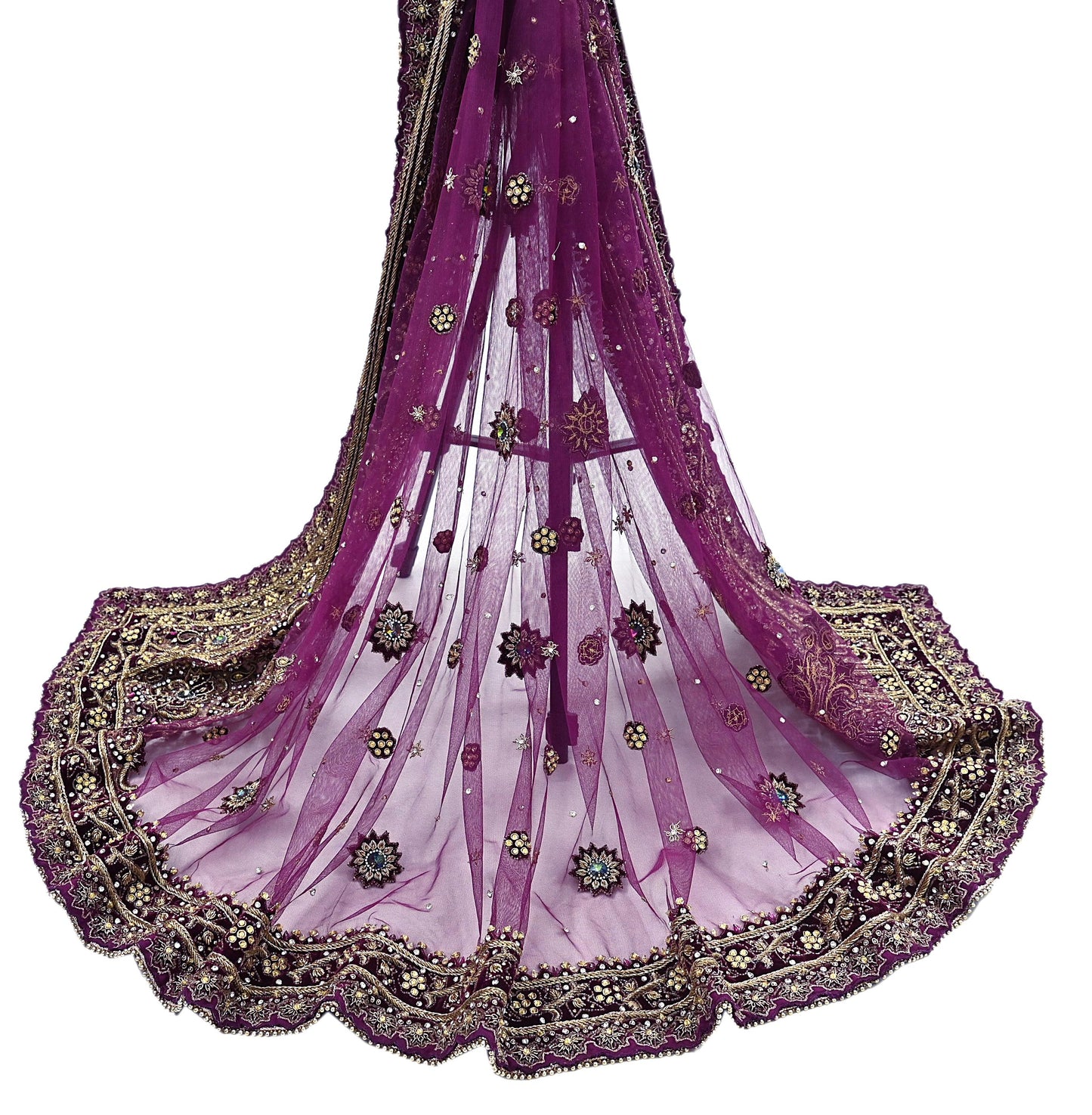Indian Vintage Heavy Wedding Purple Dupatta Net Mesh Long Stole Hand Embroidered Scarves Golden Zardozi Dabka Zari Veil