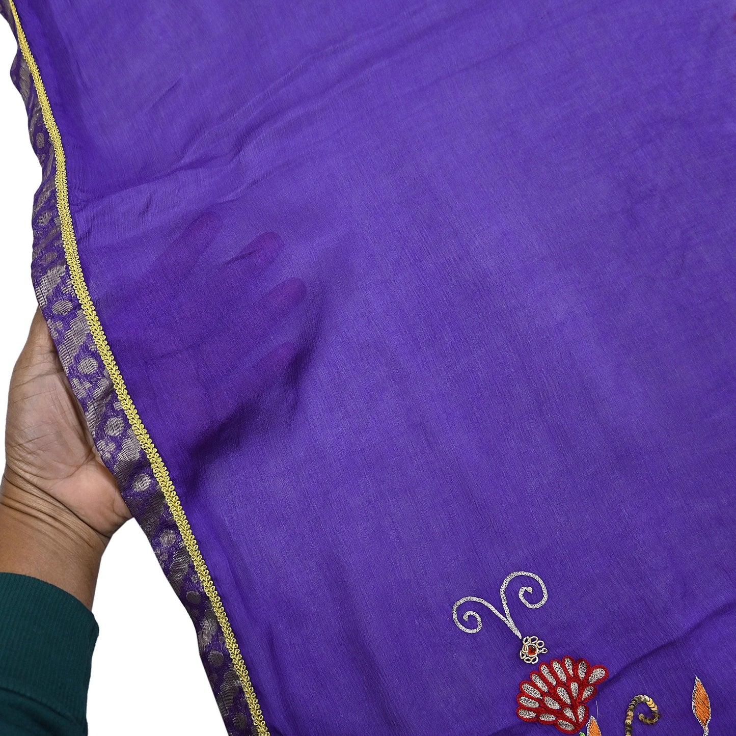 Indian Vintage Purple & Red Dupatta Pure Silk Long Stole Hand Embroidered Scarves Floral Design Stole Veil Wrap Sequins