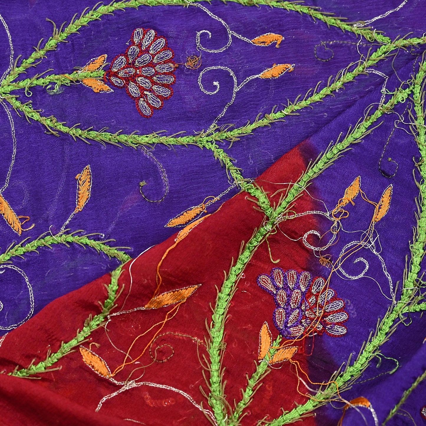 Indian Vintage Purple & Red Dupatta Pure Silk Long Stole Hand Embroidered Scarves Floral Design Stole Veil Wrap Sequins