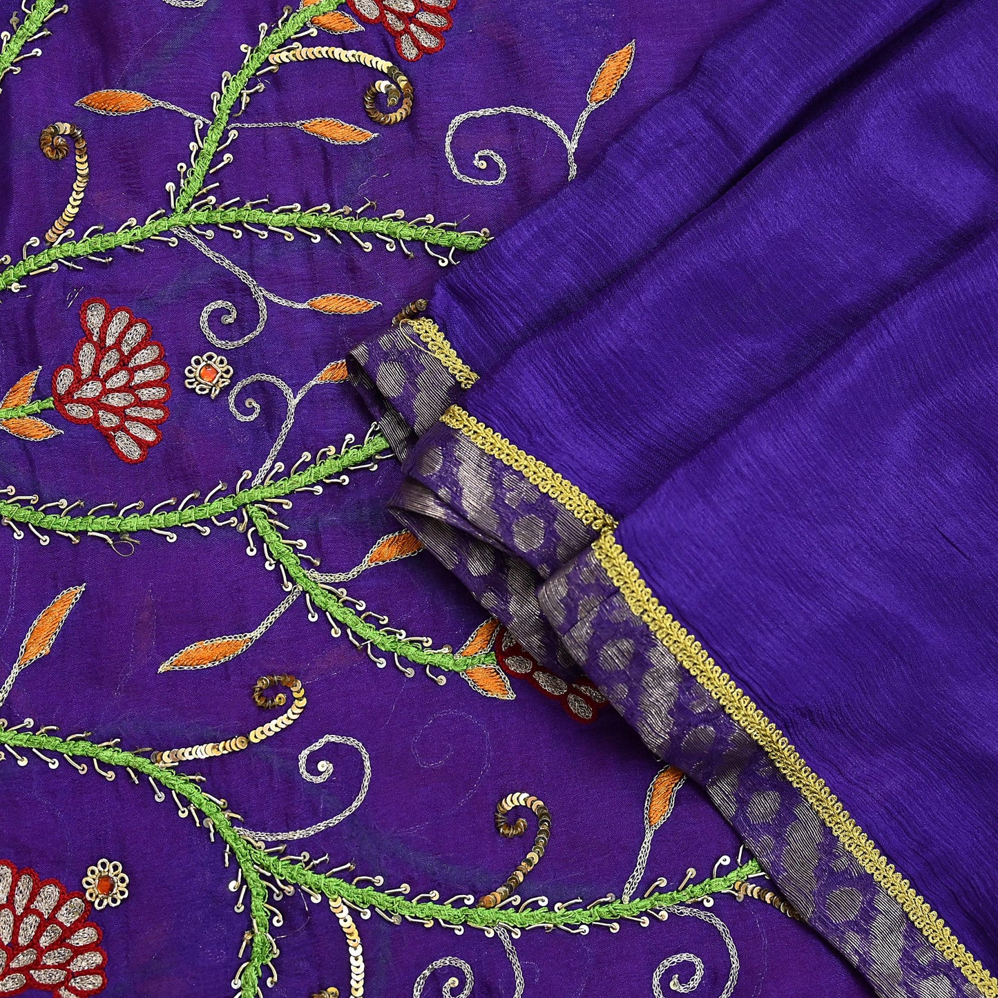 Indian Vintage Purple & Red Dupatta Pure Silk Long Stole Hand Embroidered Scarves Floral Design Stole Veil Wrap Sequins