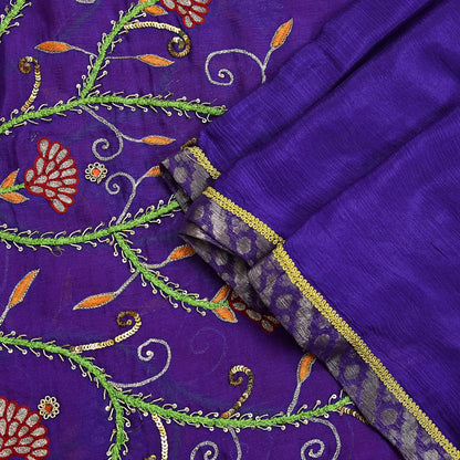 Indian Vintage Purple & Red Dupatta Pure Silk Long Stole Hand Embroidered Scarves Floral Design Stole Veil Wrap Sequins