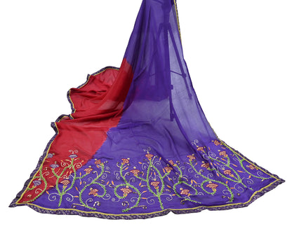 Indian Vintage Purple & Red Dupatta Pure Silk Long Stole Hand Embroidered Scarves Floral Design Stole Veil Wrap Sequins