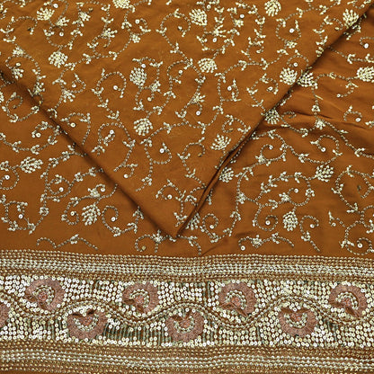 Indian Vintage Heavy Sarees Mustard Pure Georgette Silk Hand Embroidered Sari Fabric 6Yd Sewing Ethnic zari with blouse fabric