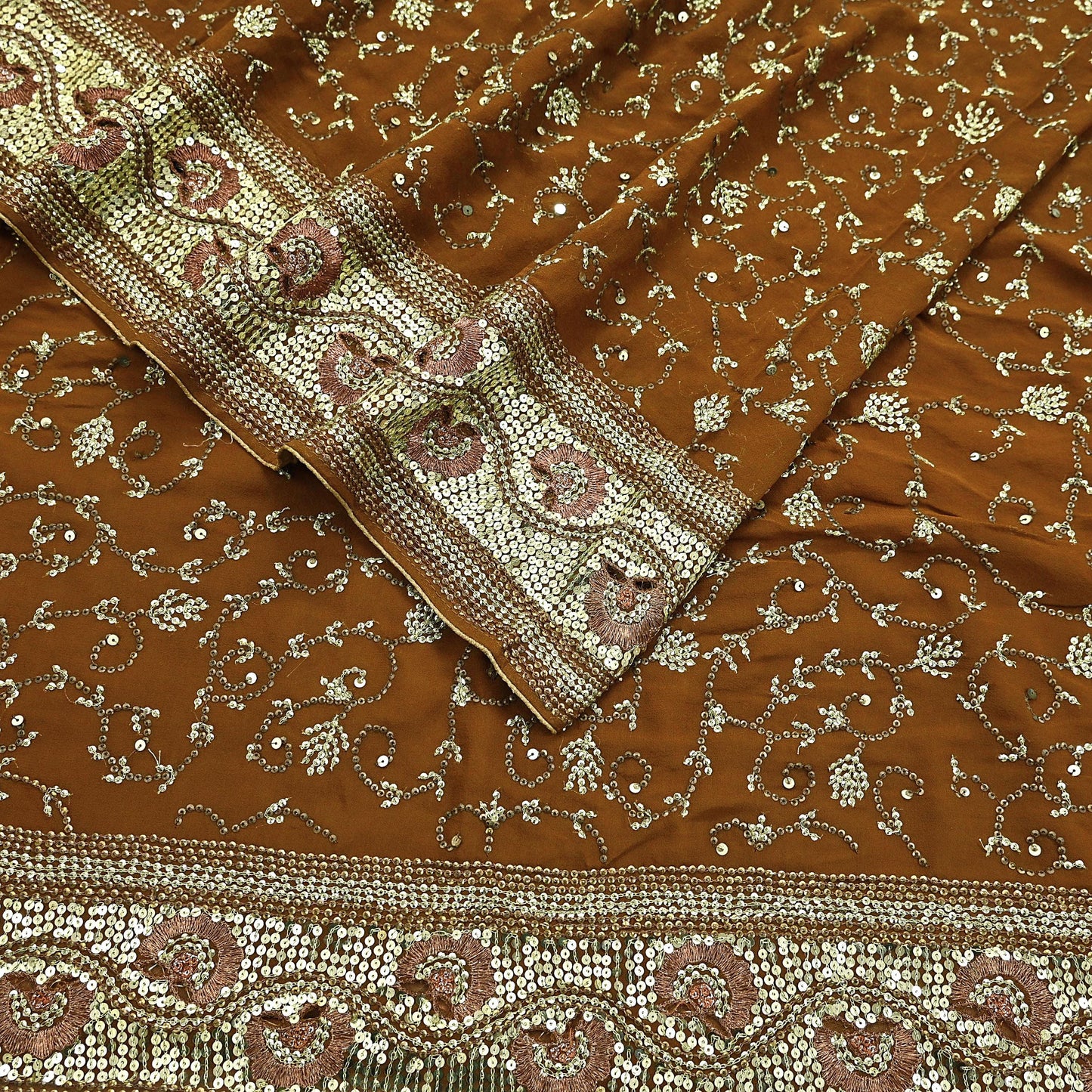 Indian Vintage Heavy Sarees Mustard Pure Georgette Silk Hand Embroidered Sari Fabric 6Yd Sewing Ethnic zari with blouse fabric