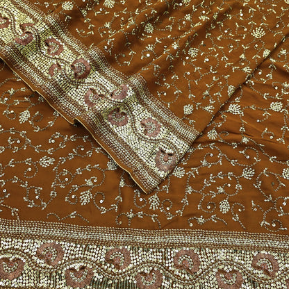 Indian Vintage Heavy Sarees Mustard Pure Georgette Silk Hand Embroidered Sari Fabric 6Yd Sewing Ethnic zari with blouse fabric