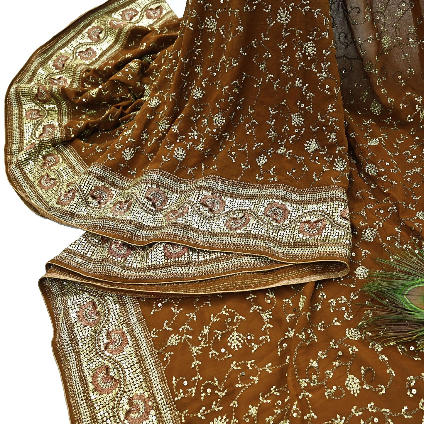 Indian Vintage Heavy Sarees Mustard Pure Georgette Silk Hand Embroidered Sari Fabric 6Yd Sewing Ethnic zari with blouse fabric