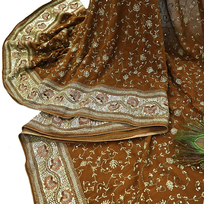 Indian Vintage Heavy Sarees Mustard Pure Georgette Silk Hand Embroidered Sari Fabric 6Yd Sewing Ethnic zari with blouse fabric