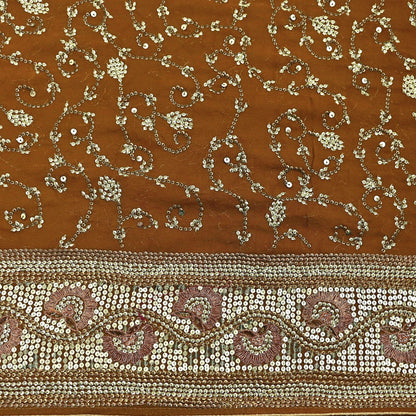 Indian Vintage Heavy Sarees Mustard Pure Georgette Silk Hand Embroidered Sari Fabric 6Yd Sewing Ethnic zari with blouse fabric